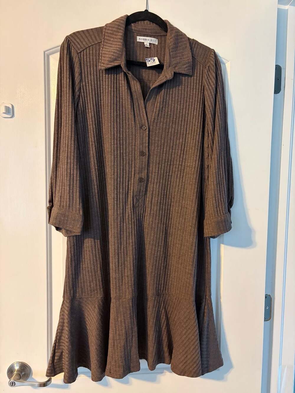 Robbie Bee Brown Ribbed Collared Shift Dress XL RB70154R
